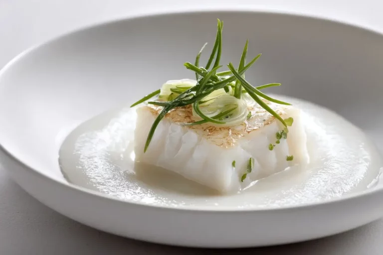 Poached Halibut served with cauliflower purée and chives on marble.