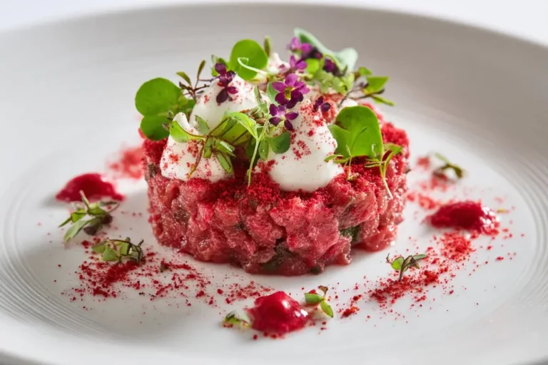 Duck Tartare with Raspberry Dust and Lemon Chantilly on a marble counter.