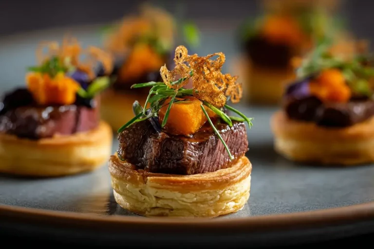 Beef Tender Bouchée with Carrot–Ginger Gel and Crispy Shallots on a marble surface.