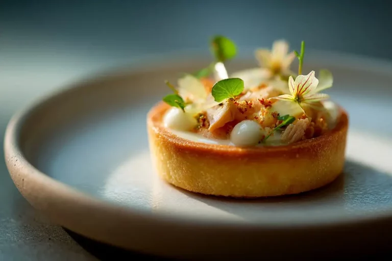 Smoked Chicken Tartlets with celery root silk and apple shards on a marble countertop.
