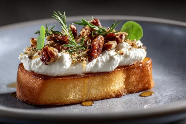 Maple–Pecan Brioche Bites with whipped ricotta, pecans, and rosemary drizzle on a marble countertop.