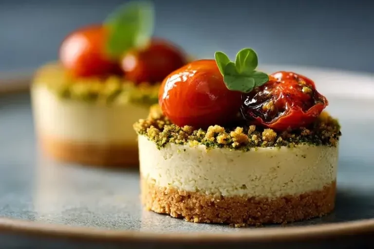 Savory Cheesecake Bites with roasted tomato and basil crumble on marble countertop.
