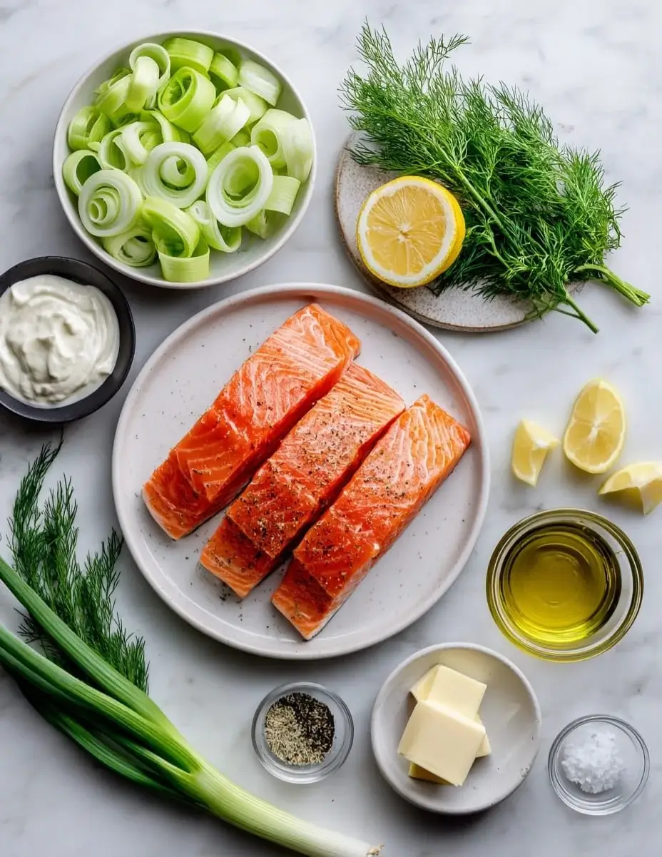 Flat lay of ingredients for seared salmon with lemon dill and caramelized leek purée.