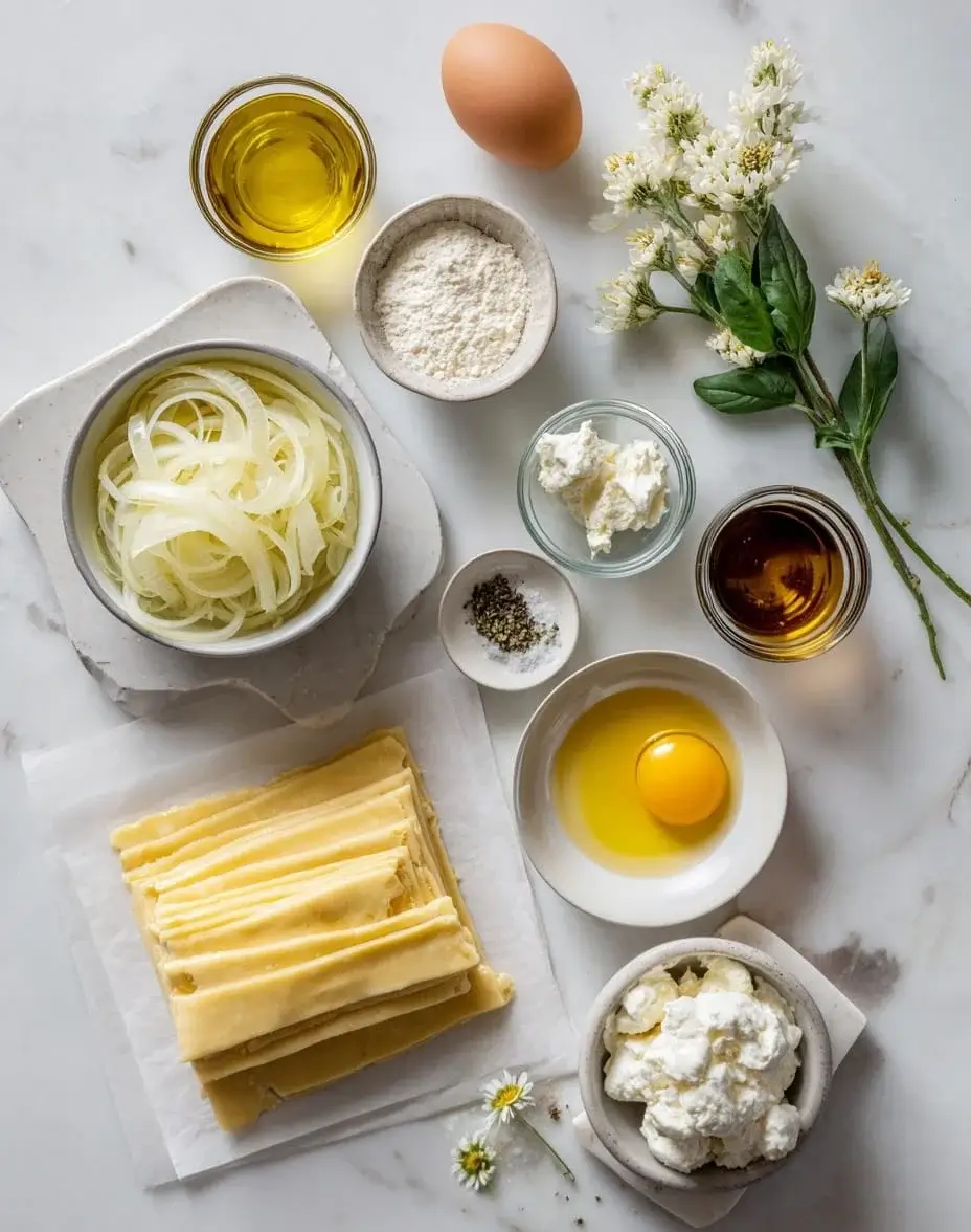 Ingredients for Caramelized Onion Tartlet laid out on marble surface