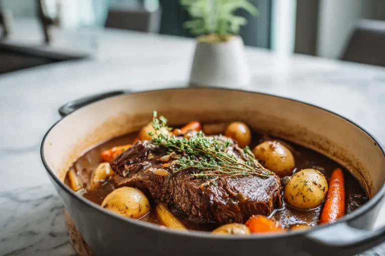Beef pot roast with root vegetables in a Dutch oven.