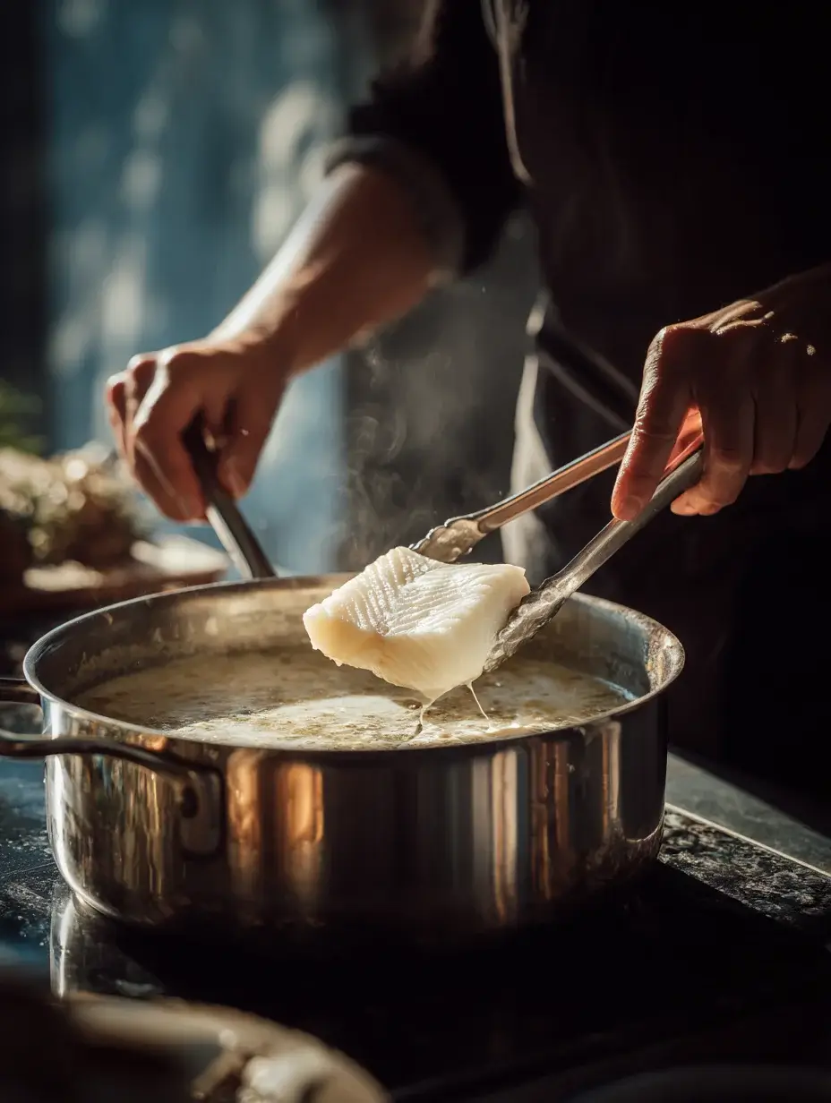 Halibut fillet being gently poached in lemongrass coconut broth.