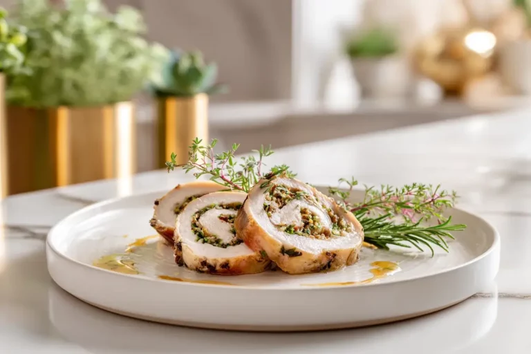 Classic herb-stuffed turkey roulade sliced and served on a platter