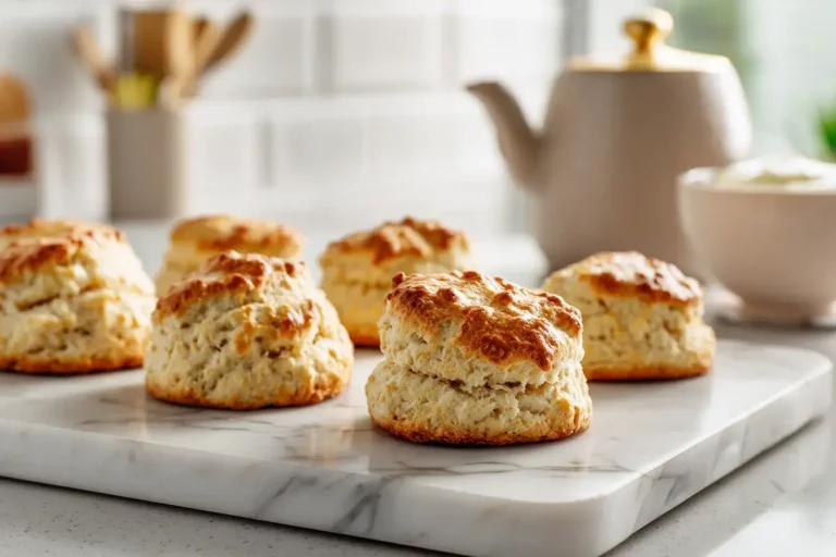 Freshly baked Mary O’s scones on a marble countertop.