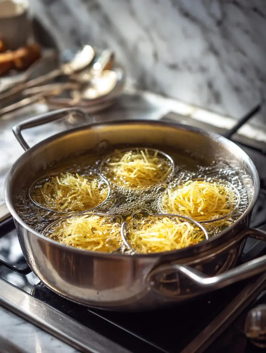 Frying crispy potato nests in oil