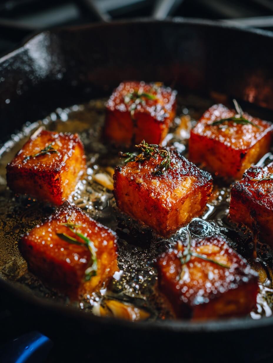 Searing sweet potatoes in butter and thyme.