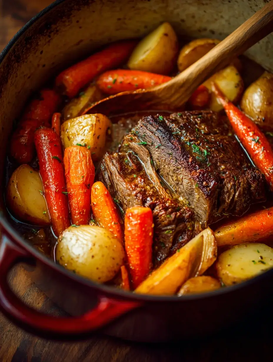Adding vegetables to beef pot roast before roasting.