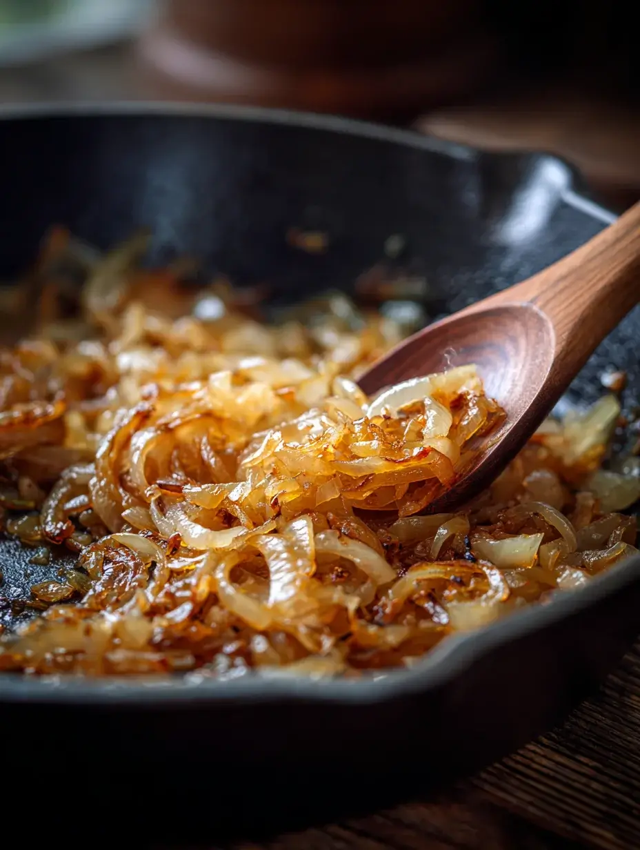 Golden onions caramelizing in a skillet