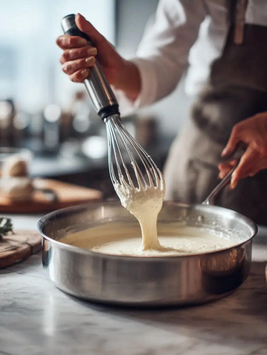 Blending Jerusalem artichokes and shallots into a creamy soup with an immersion blender.