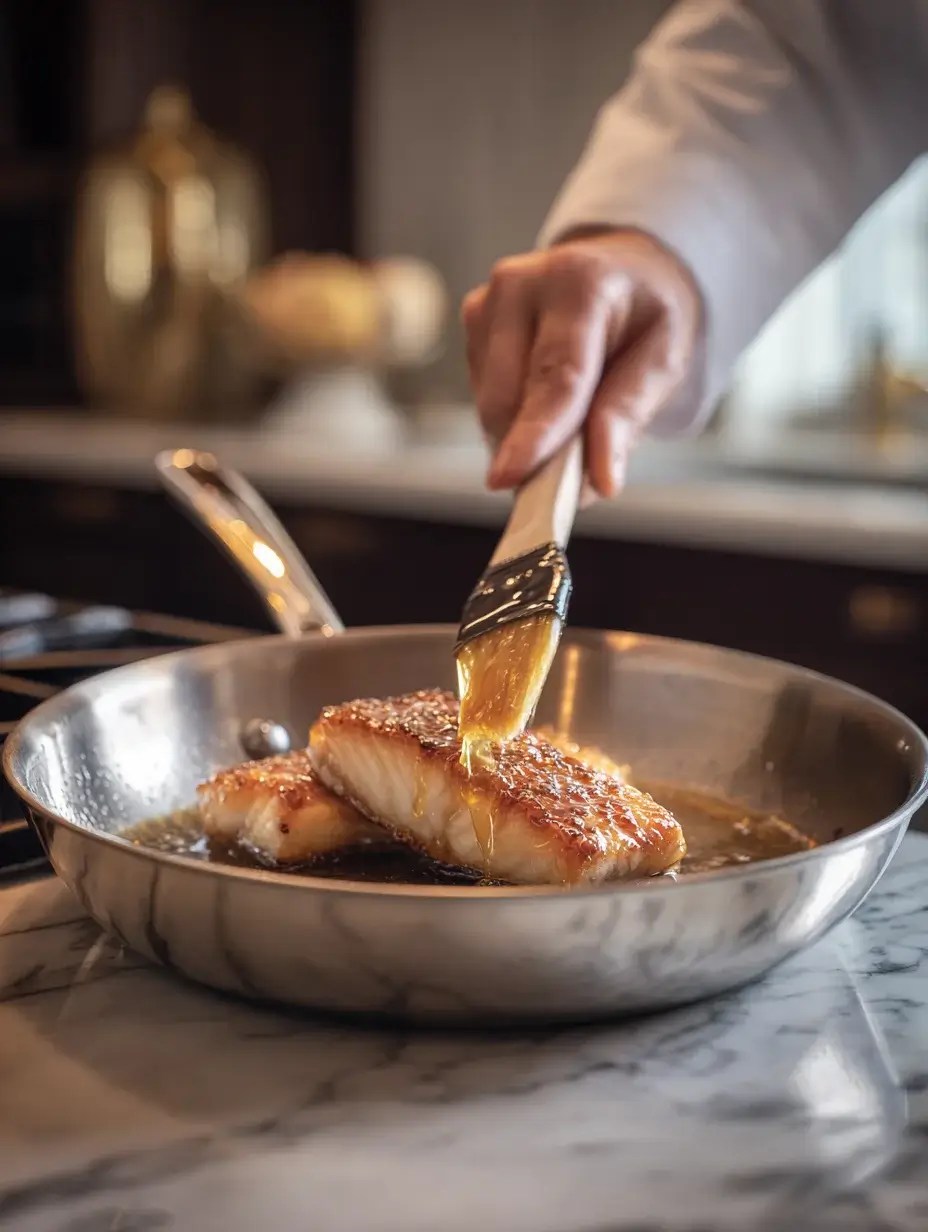 Chef brushing miso–honey glaze onto cod fillets.