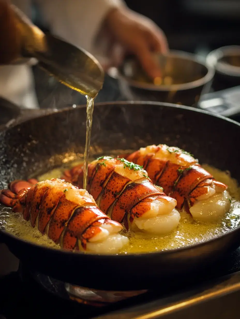 Poaching lobster tails in butter.