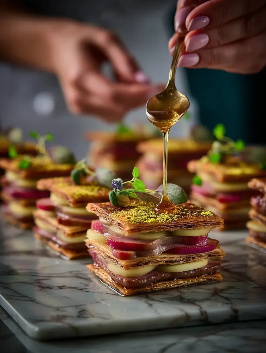 Assembling Duck and Apple Mille-Feuille with sage honey drizzle