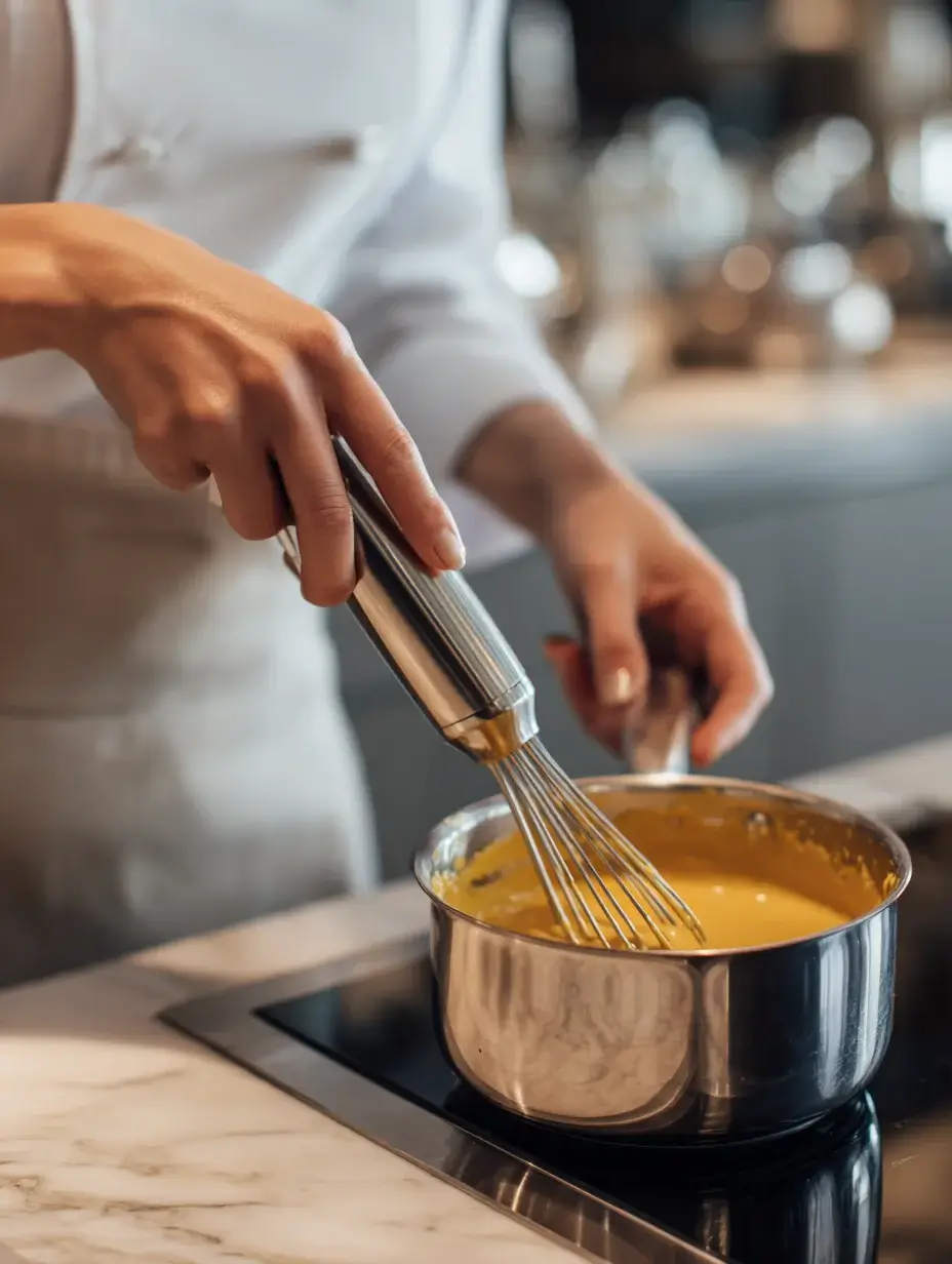 Blending saffron corn cream for the Lobster and Sweet Corn Silk dish.