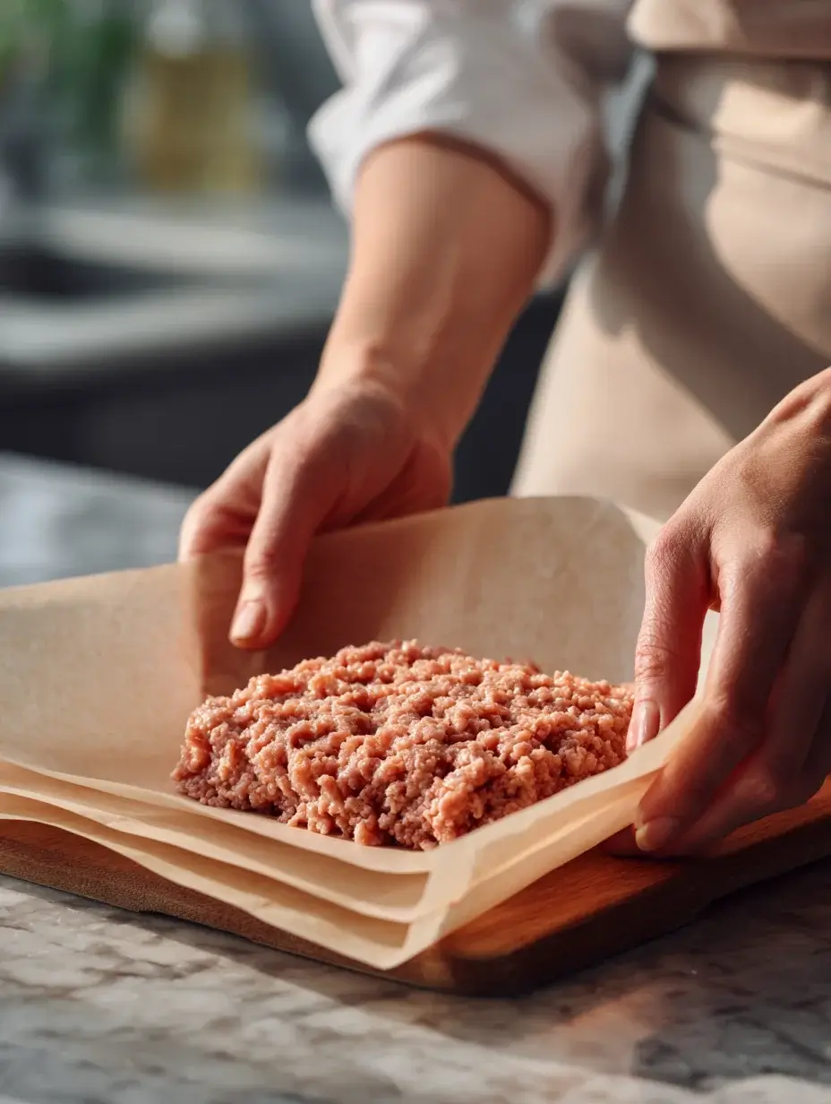 Flattening minced chicken doner mixture between baking paper