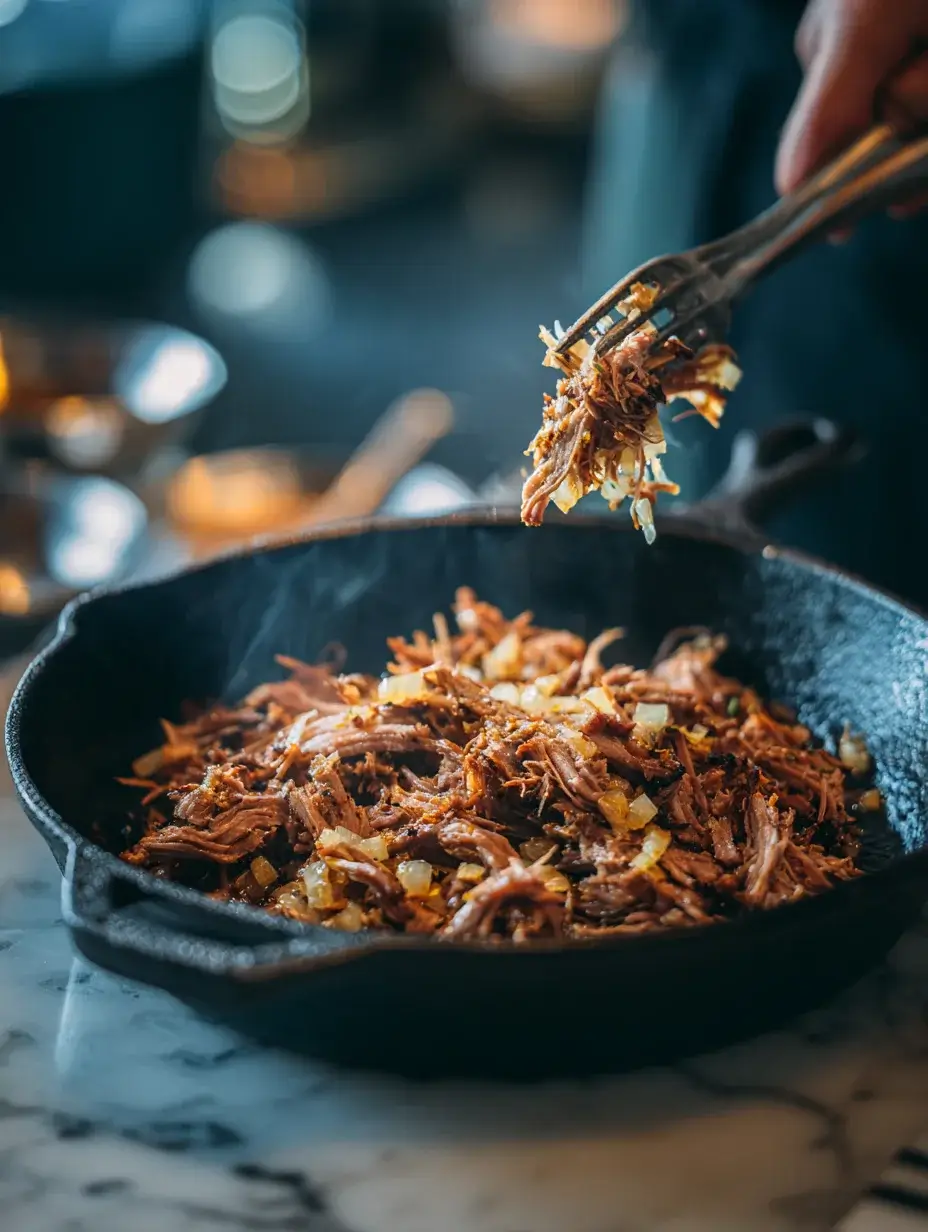 Sautéing shredded duck confit with shallots and garlic in a skillet.