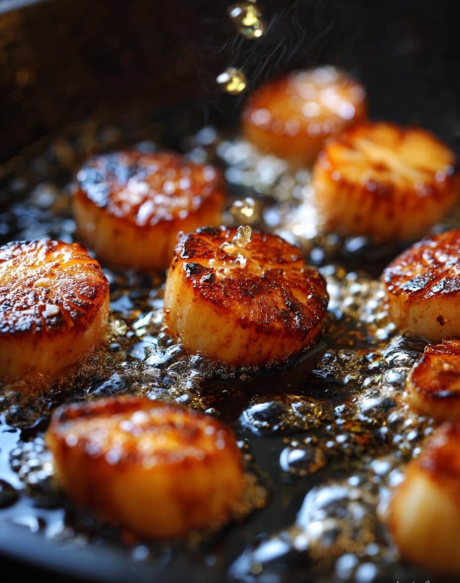 King Oyster Mushroom “Scallops” searing in skillet until golden brown.