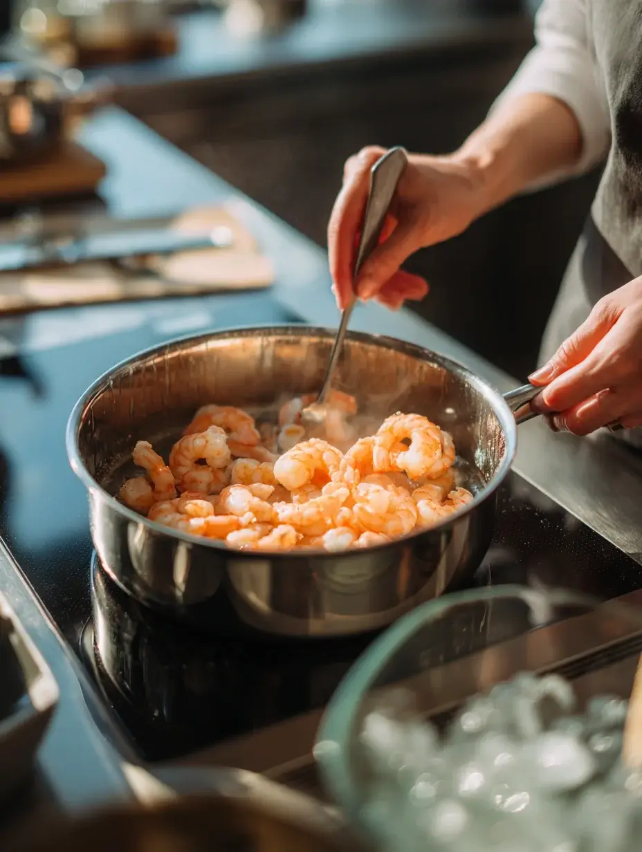 Chef poaching shrimp in saucepan for Shrimp Mosaic recipe.
