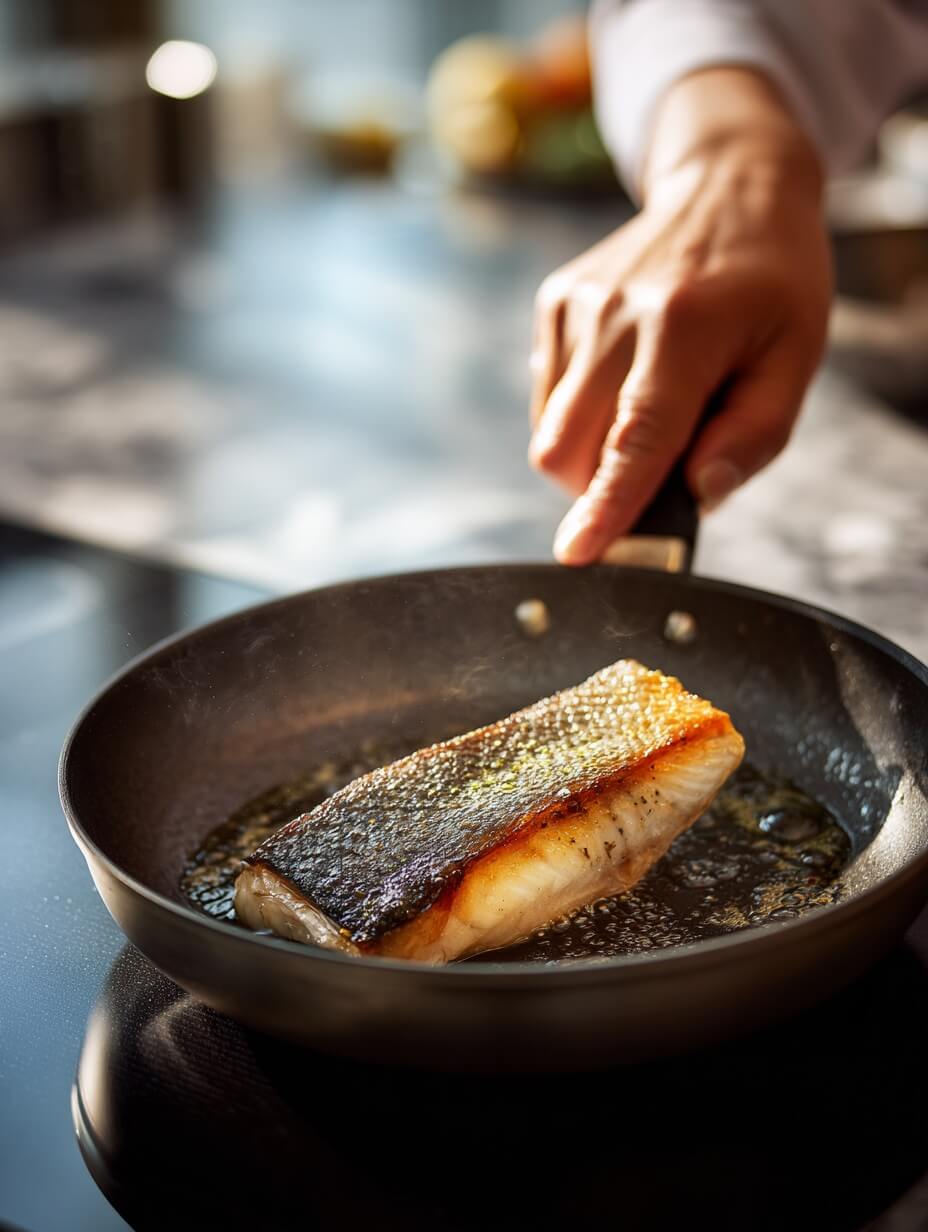 Searing seabass fillet in a non-stick skillet until skin is golden and crisp.