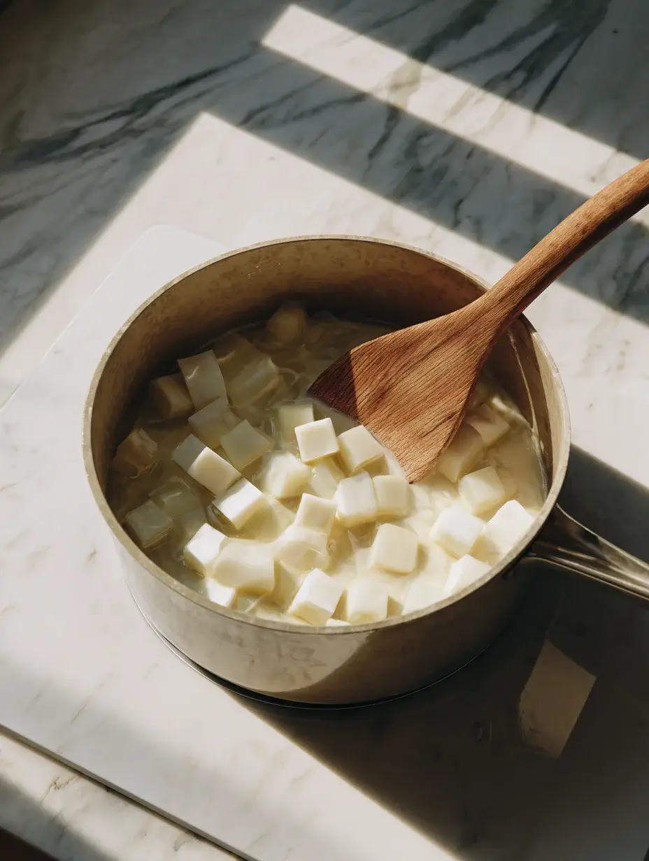 Simmering celery root in milk for silky purée.