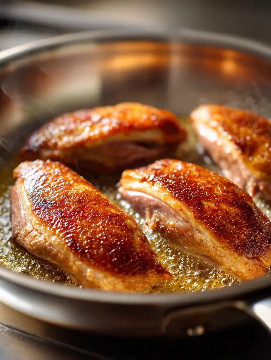 Duck breasts rendering fat in skillet for crisp skin.