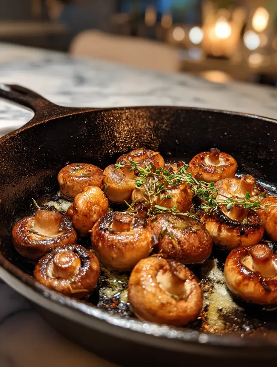 Mushrooms sizzling in butter and thyme in a skillet.