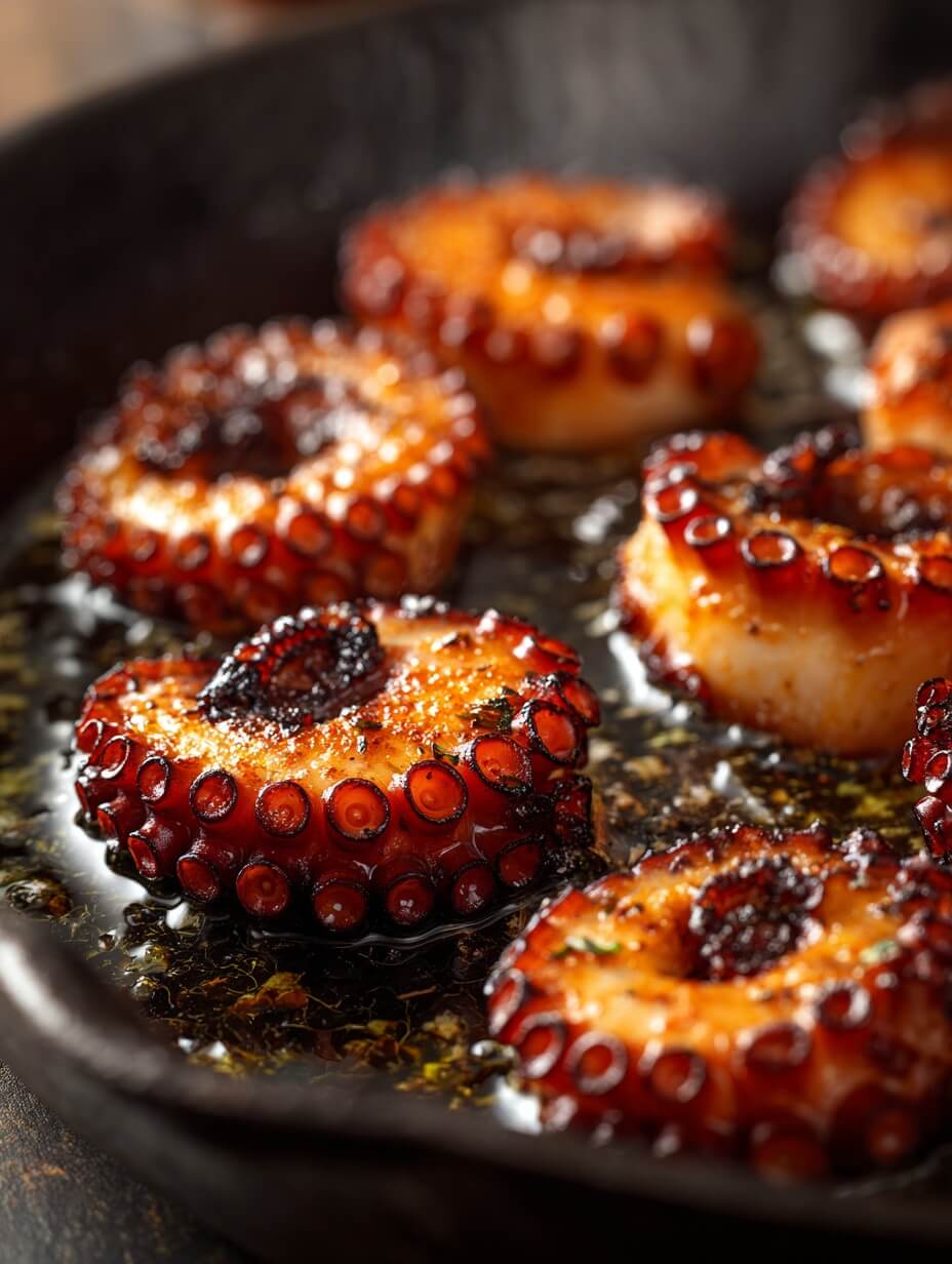 Octopus coins searing in a cast-iron pan with olive oil
