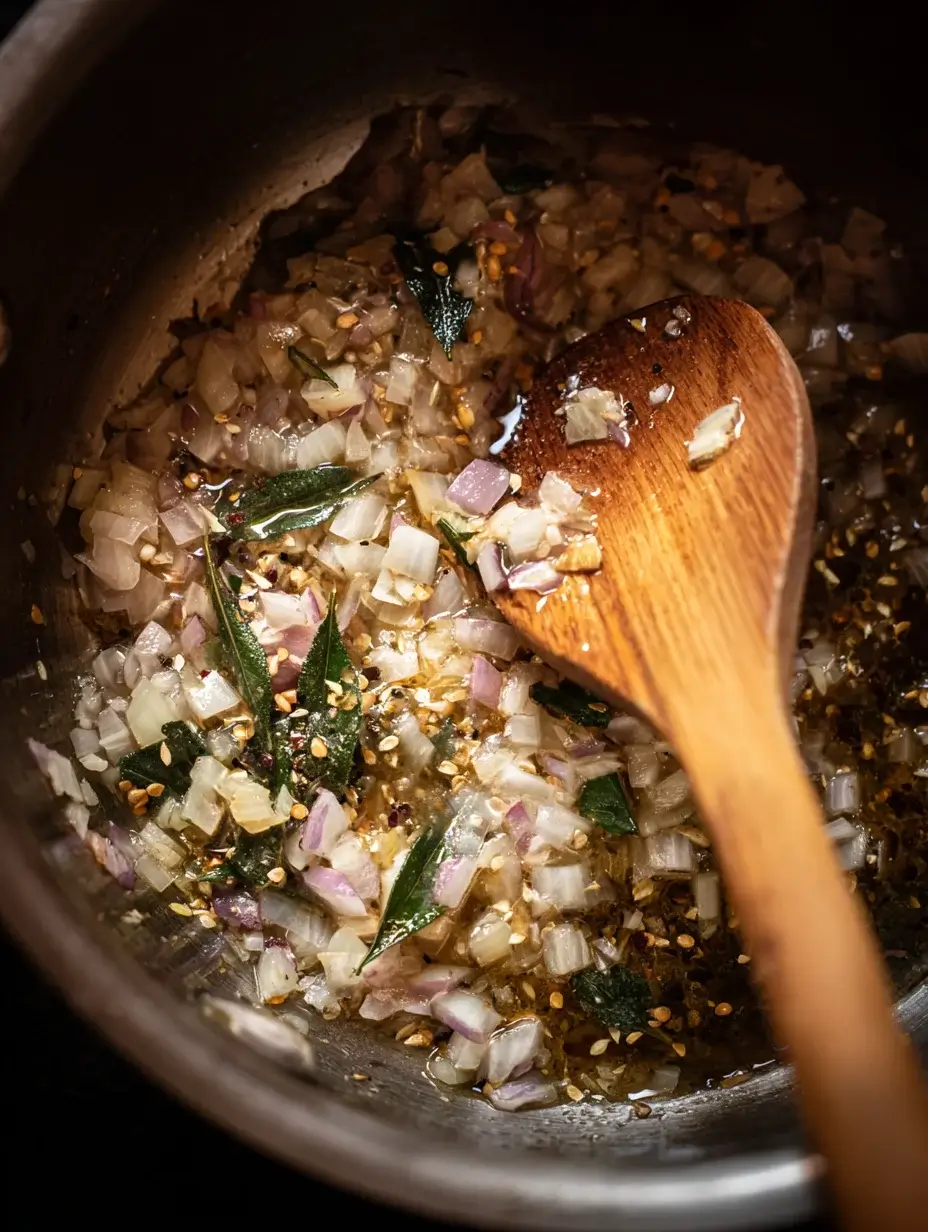 Sautéing onions, garlic, and sage for Pumpkin and Chickpea Stew.
