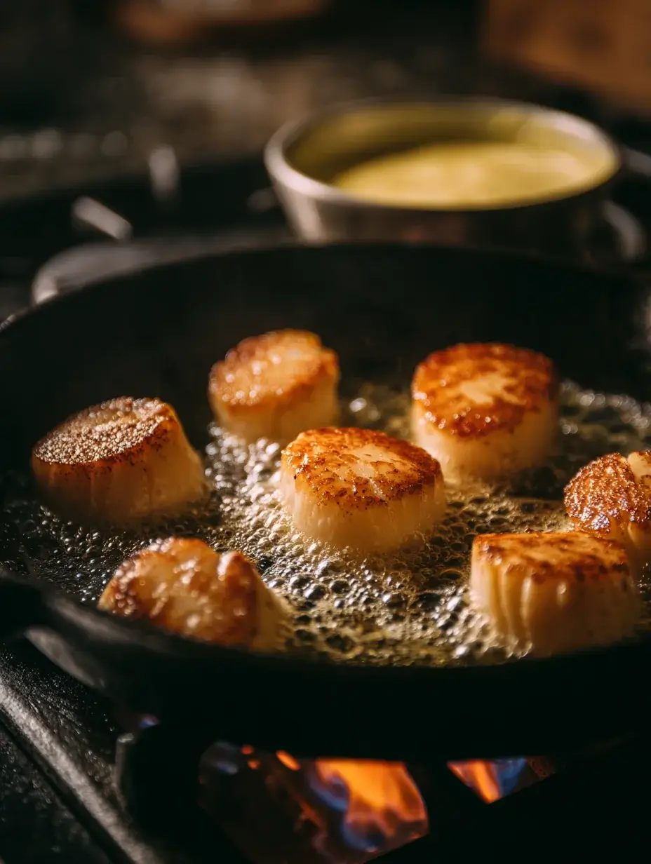 Scallops searing in butter in a cast-iron skillet