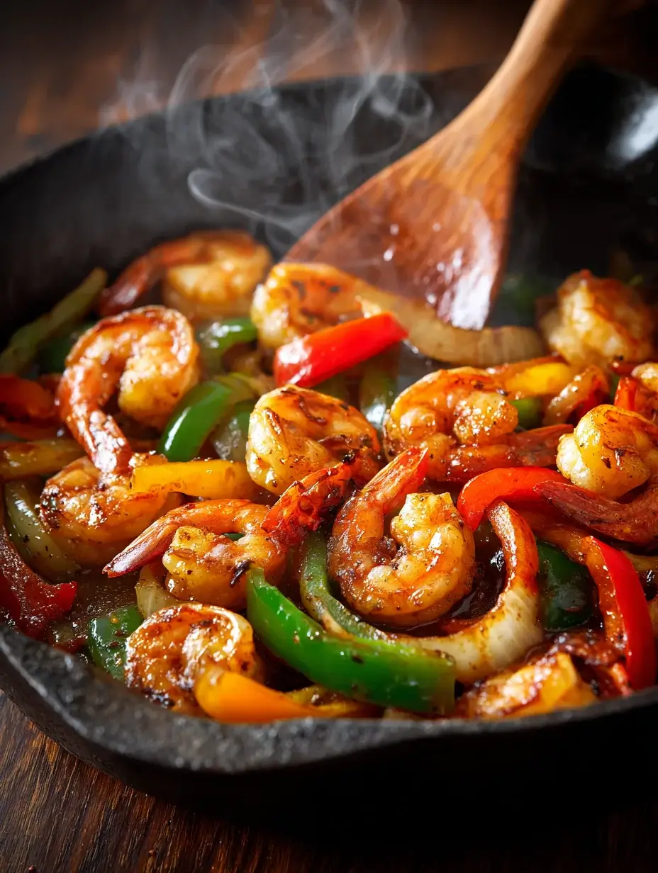 Cooking shrimp with peppers in Cajun sauce.