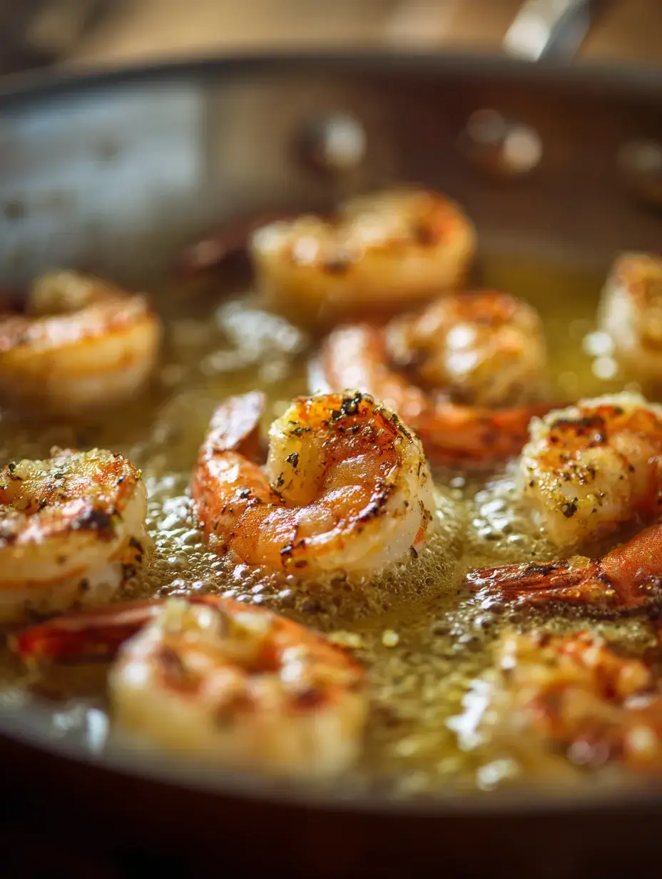 Shrimp cooking in garlic butter in skillet with lemon zest.