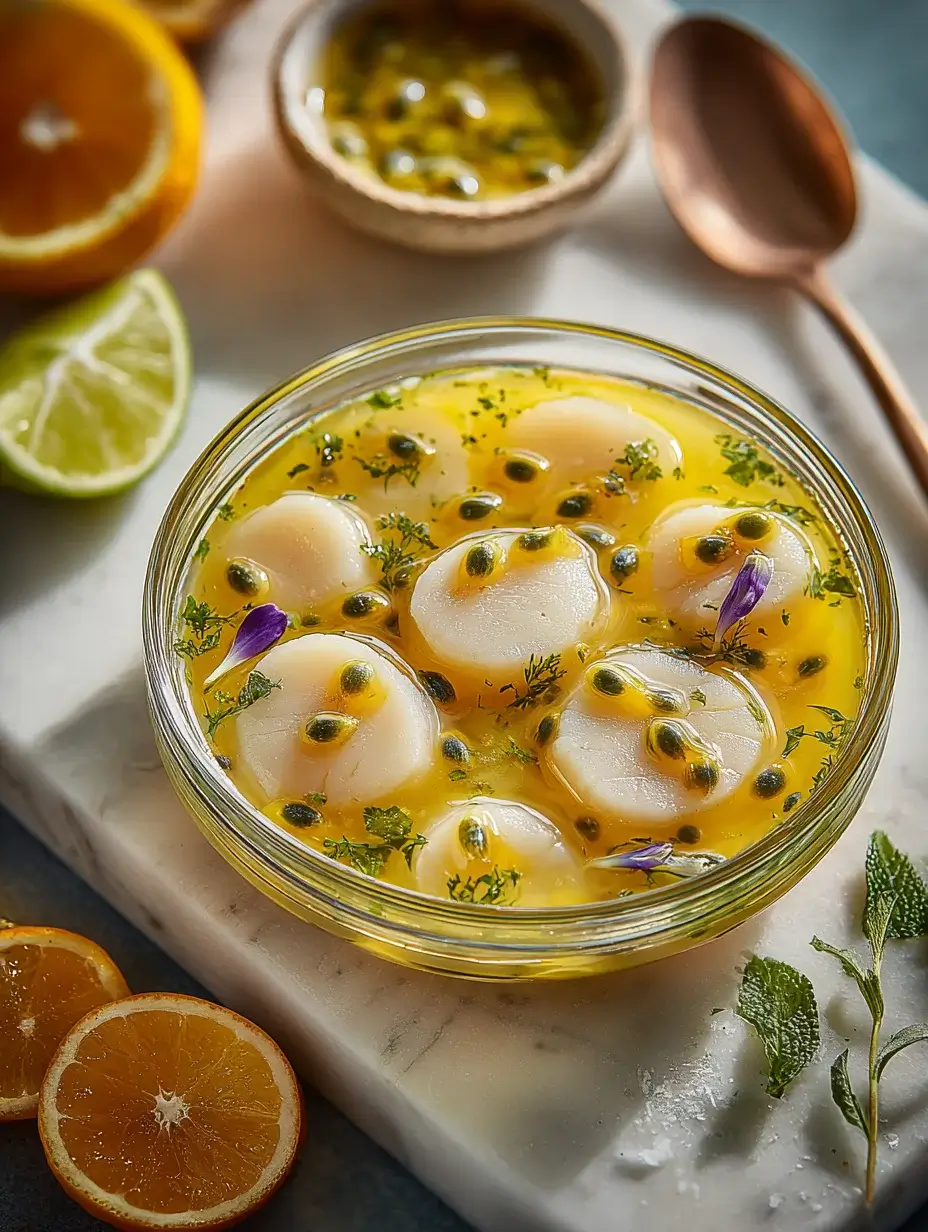 Scallops marinating in lime and passion fruit inside a glass bowl.
