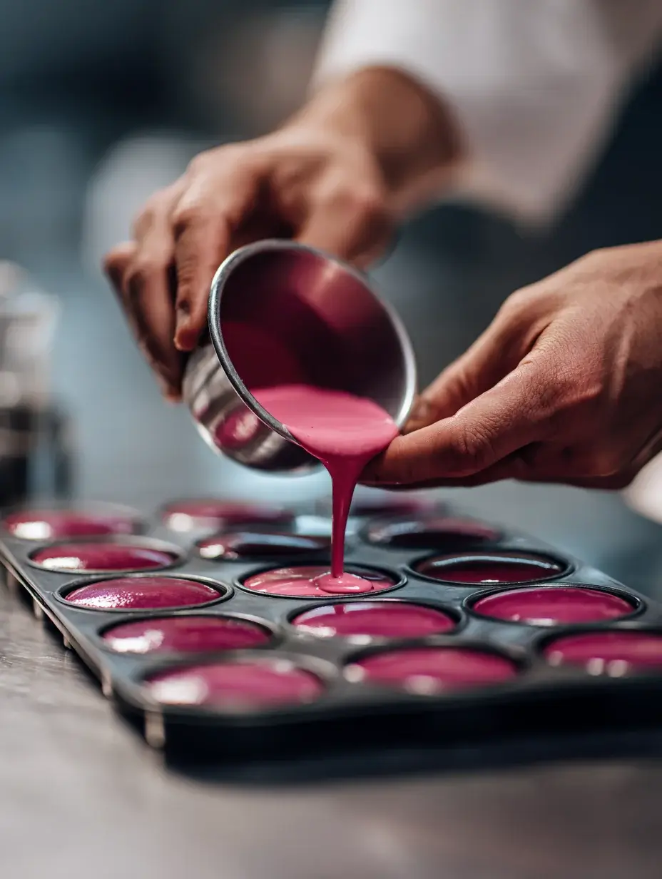Pouring beet-vanilla mixture into molds for the entremet.