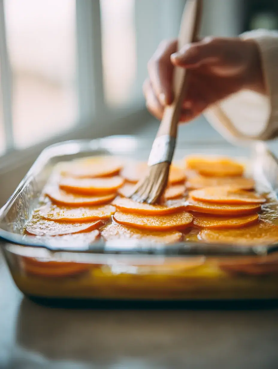 Layering thin sweet potato slices with melted butter for mille-feuille.