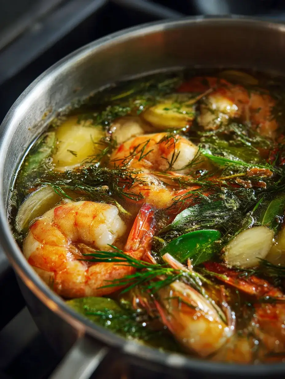 Shrimp poaching in aromatic lemongrass broth on stovetop.