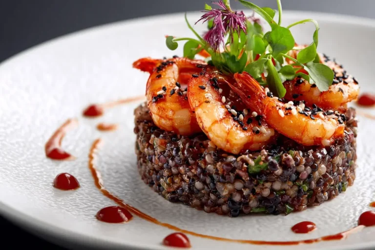 Larb Salad with Gochujang-Glazed Grilled Shrimp served in a modern kitchen