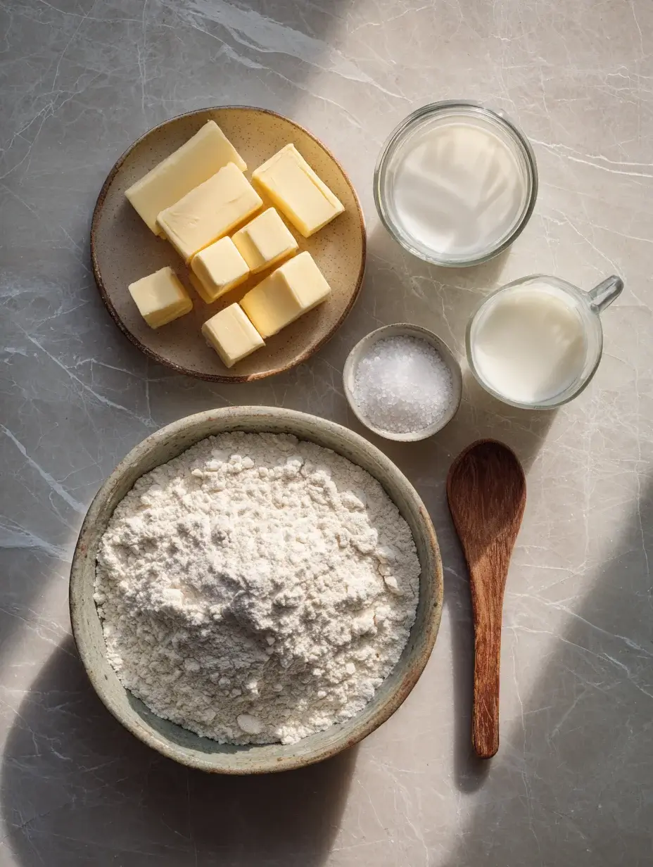 Ingredients for Mary O’s Scones Recipe laid out on a marble surface.
