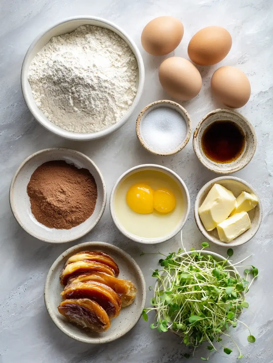 Overhead view of brioche ingredients including flour, eggs, butter, smoked duck, cocoa powder, and microgreens