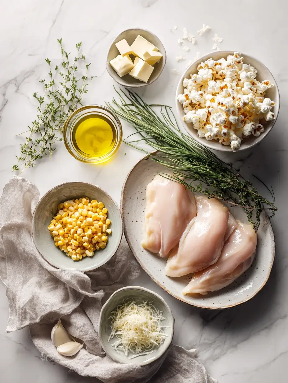 Fresh ingredients for Chicken Supreme with corn and tarragon displayed on marble countertop.