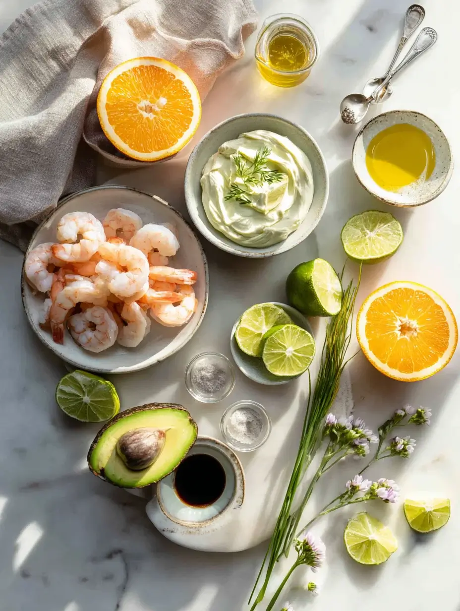 Fresh ingredients for Shrimp Mosaic on Citrus Avocado Cream arranged on marble countertop.