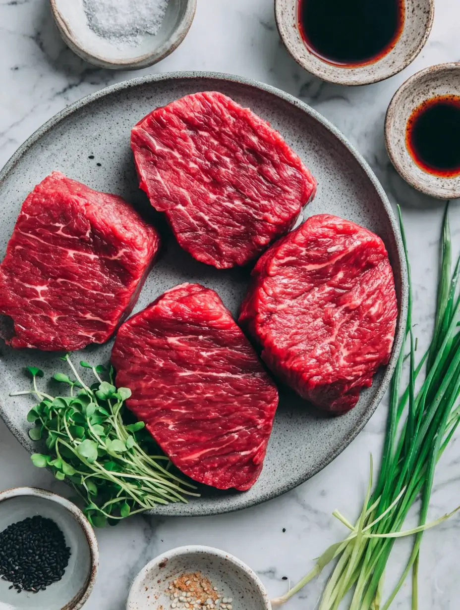 Flat lay of ingredients for Wagyu beef with miso caramel.
