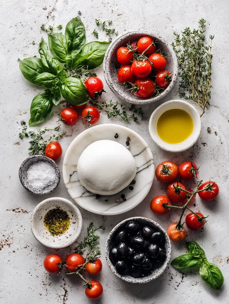 Fresh ingredients for Burrata Cloud with Basil Oil.