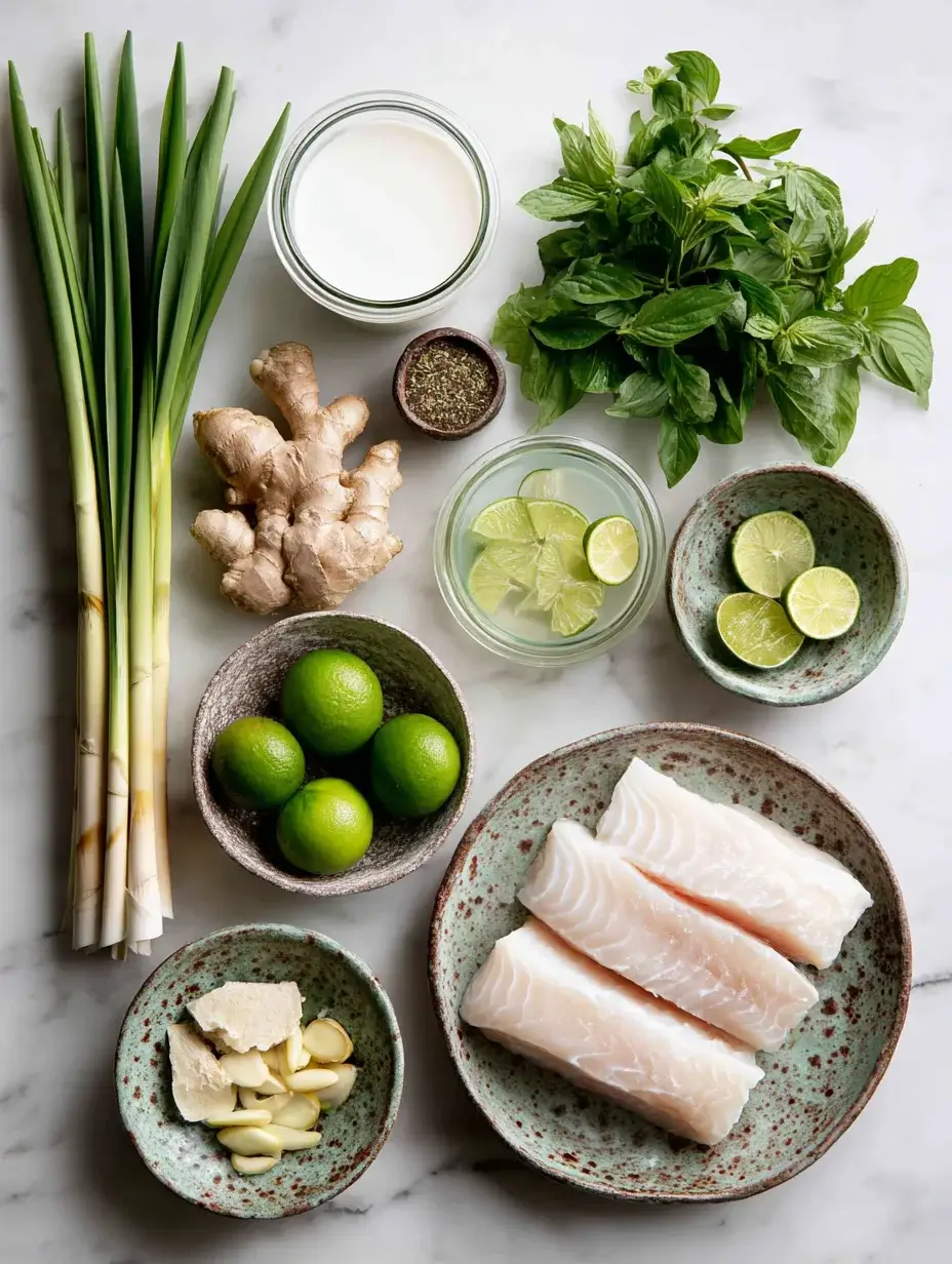 Flat lay of ingredients for Lemongrass Poached Halibut.