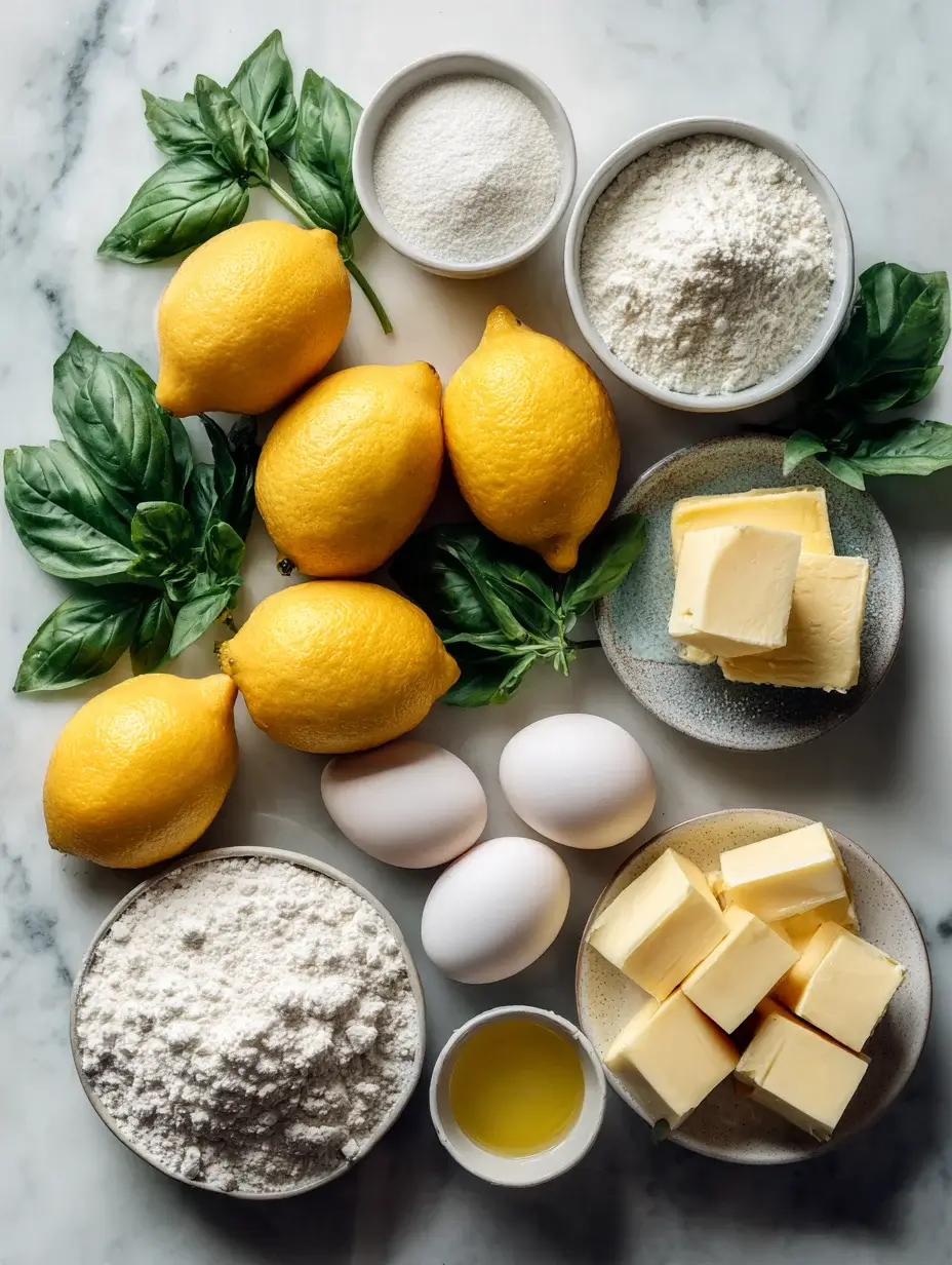 Flat lay of ingredients for Citrus Blossom Tart including lemons, basil, flour, and butter.