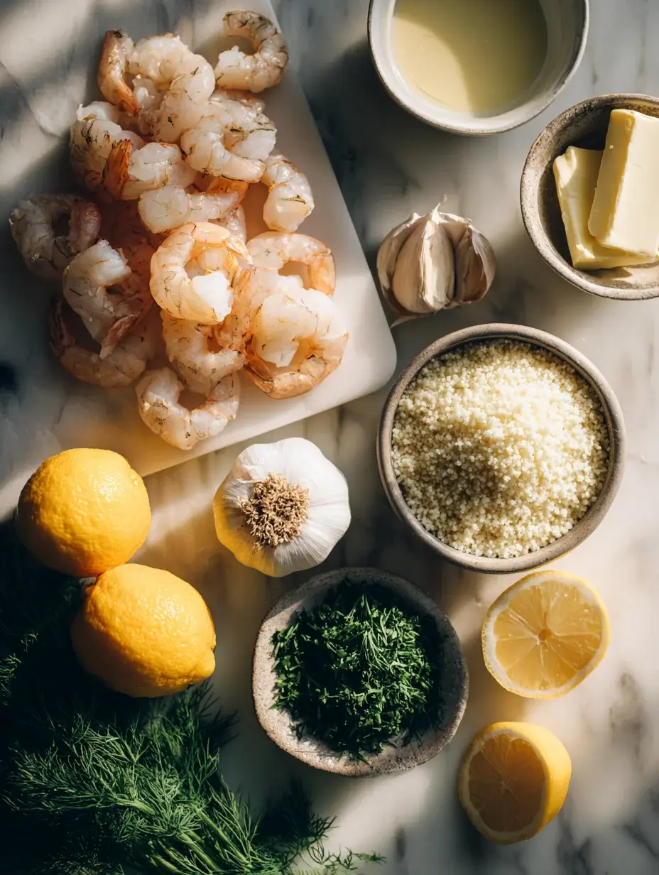 Ingredients for Garlic Butter Shrimp with lemon cream and couscous.
