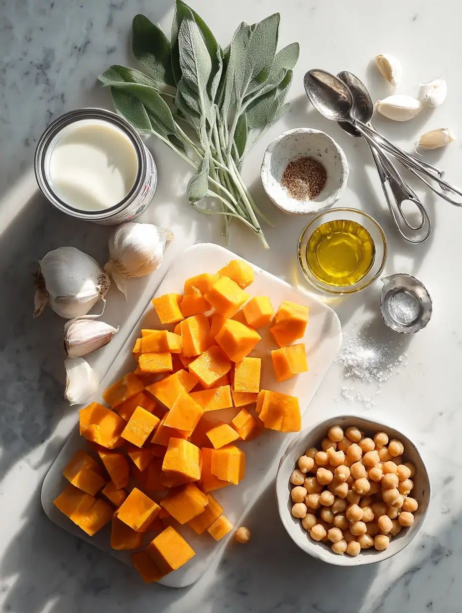 Ingredients for Pumpkin and Chickpea Stew – pumpkin, chickpeas, coconut milk, sage, and spices.