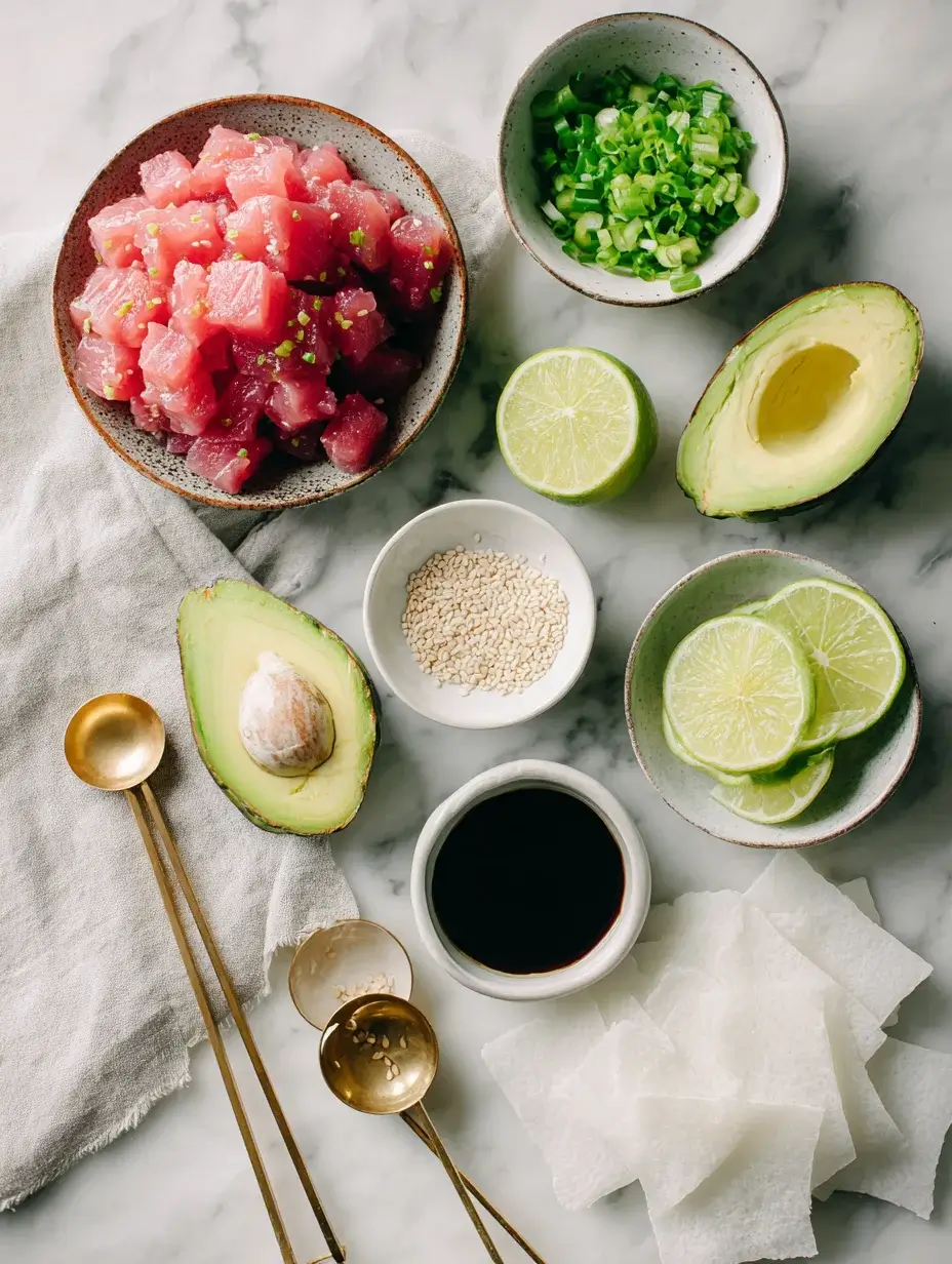 Fresh Tuna Tartare ingredients on marble counter